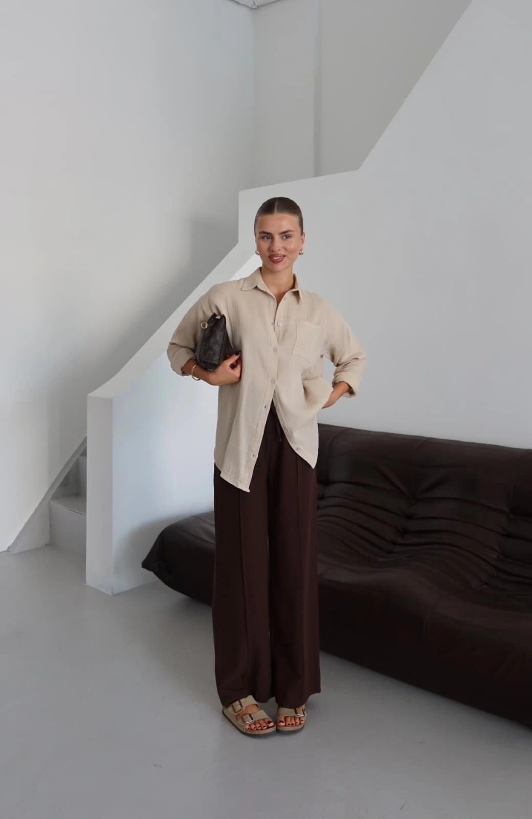 Tek cepli müslin gömlek bej pt