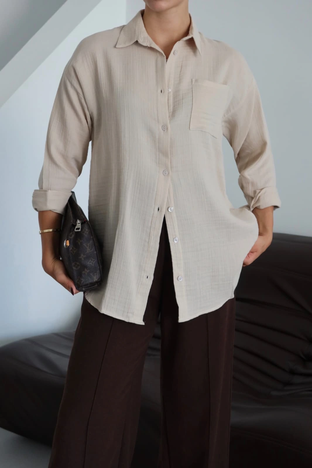 Tek cepli müslin gömlek bej pt