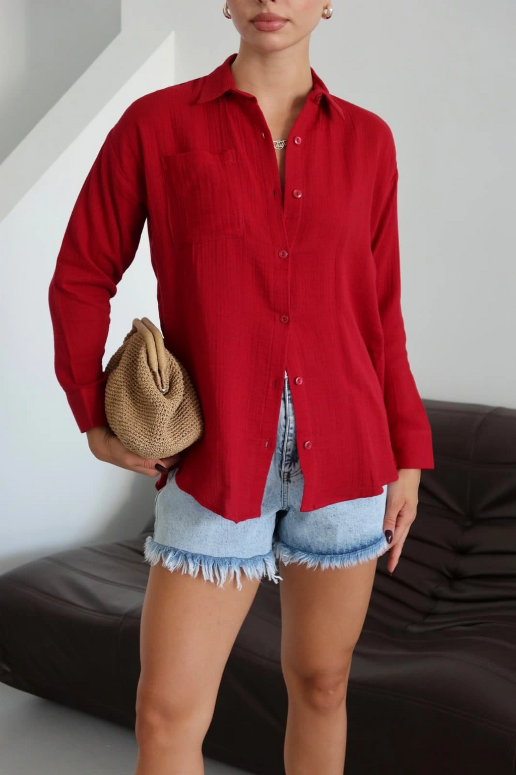 Tek cepli müslin gömlek bordo pt