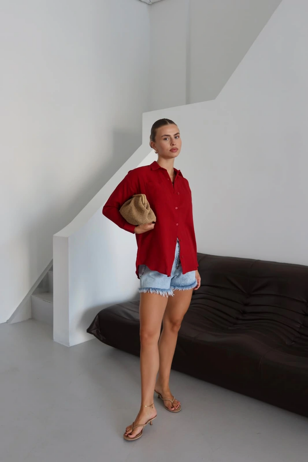 Tek cepli müslin gömlek bordo pt