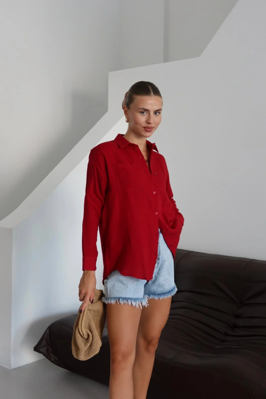 Tek cepli müslin gömlek bordo pt