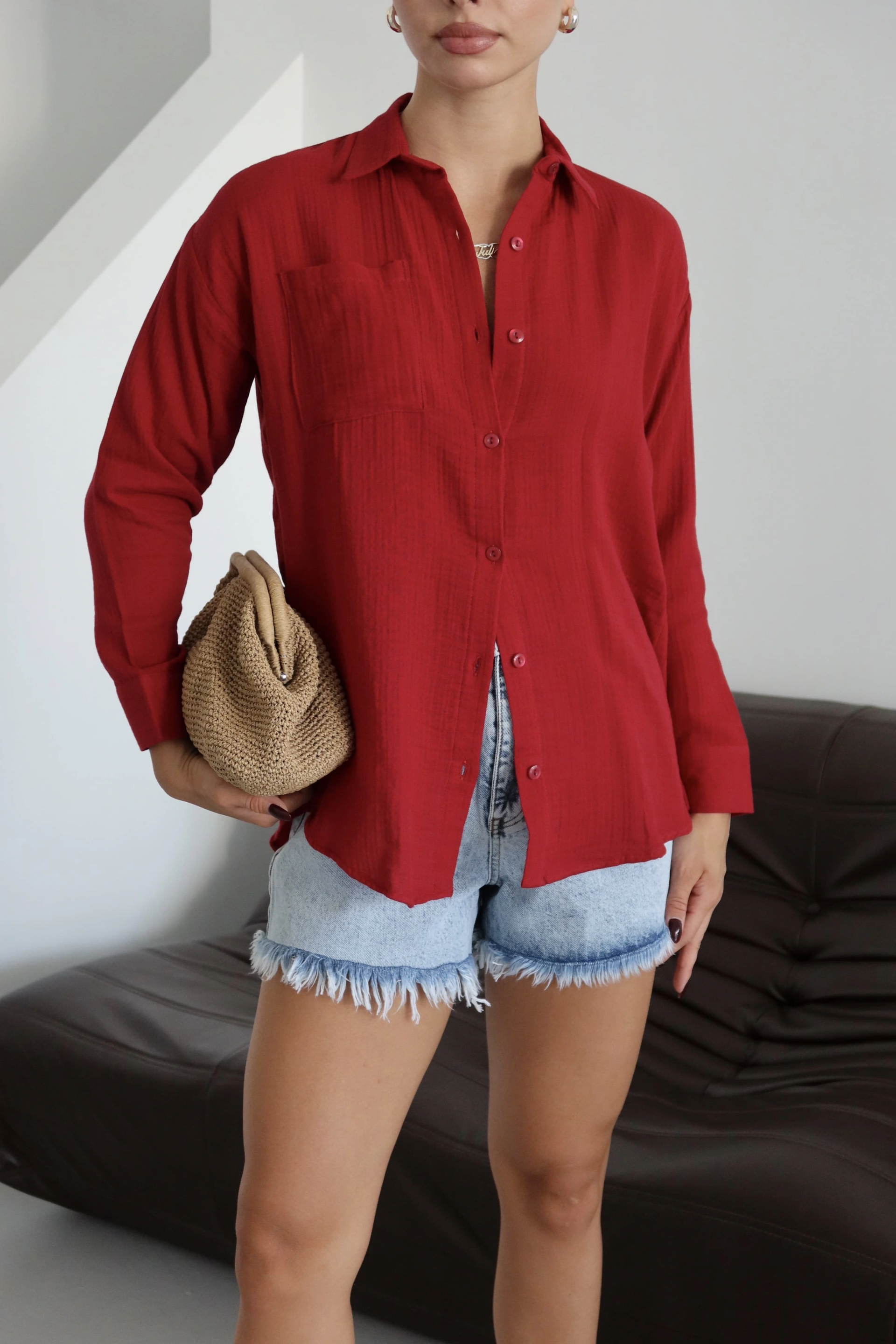 Tek cepli müslin gömlek bordo pt