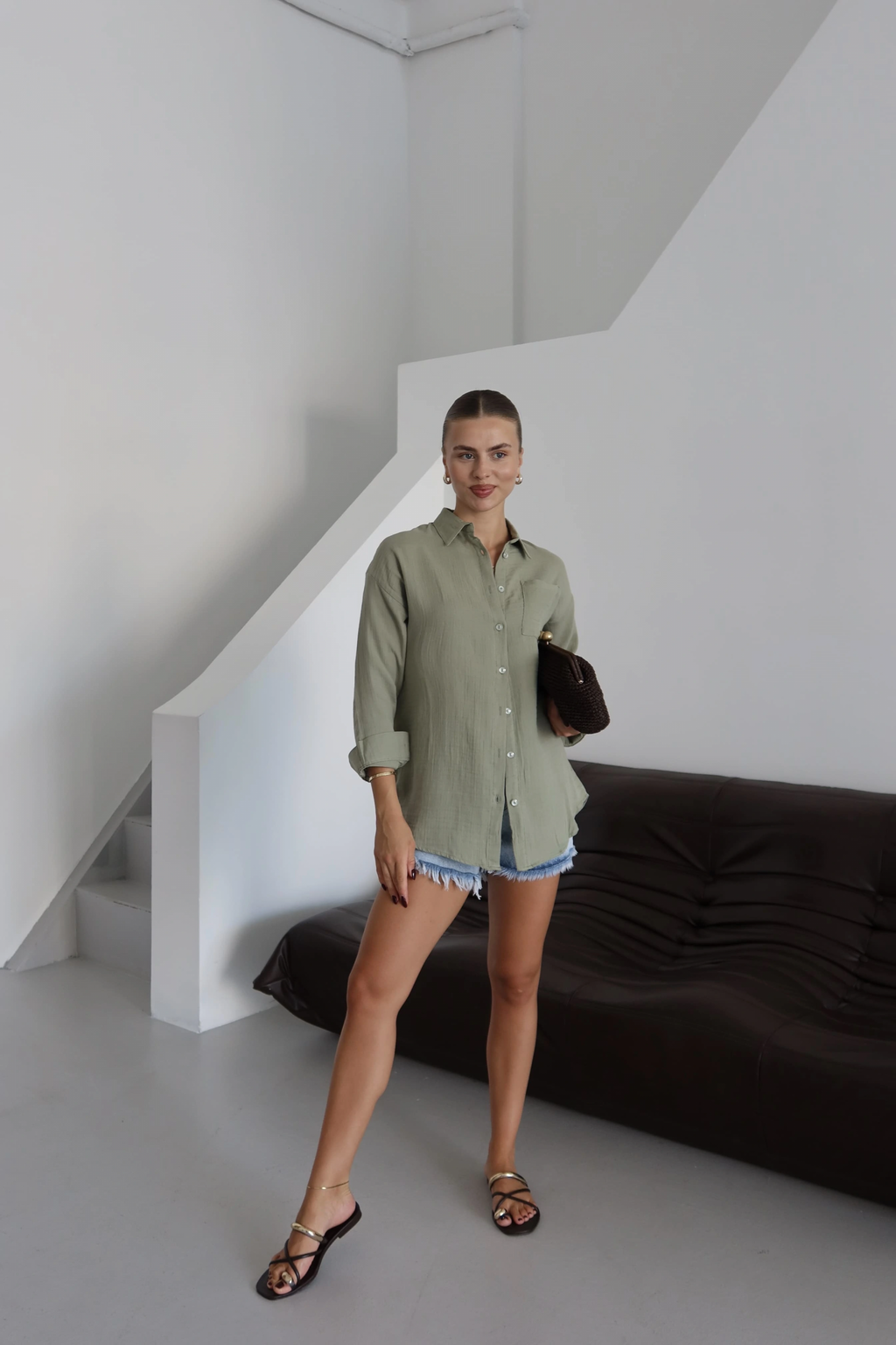 Tek cepli müslin gömlek haki pt