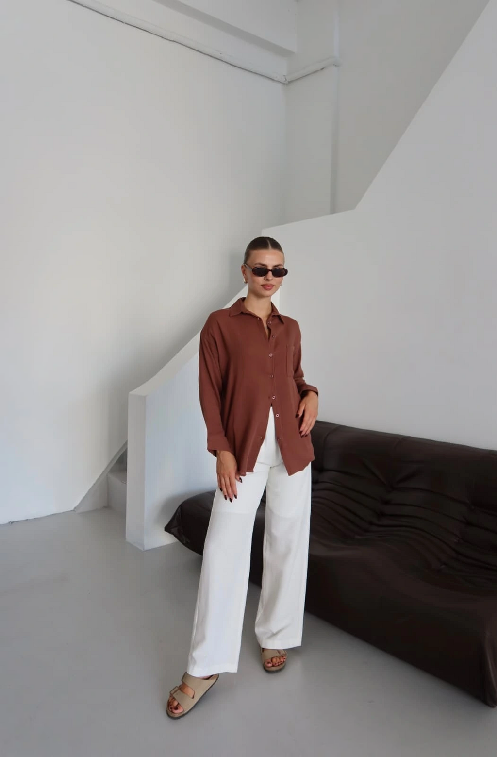 Tek cepli müslin gömlek kahve pt