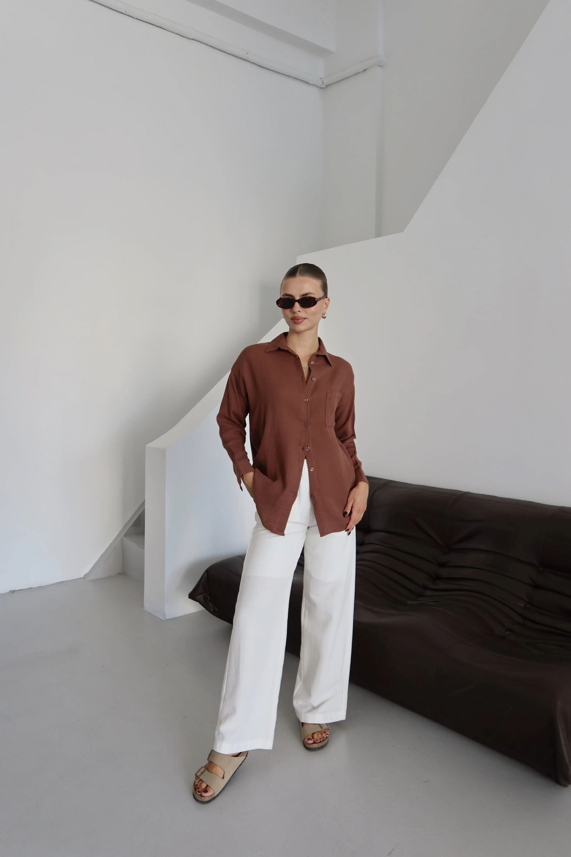 Tek cepli müslin gömlek kahve pt