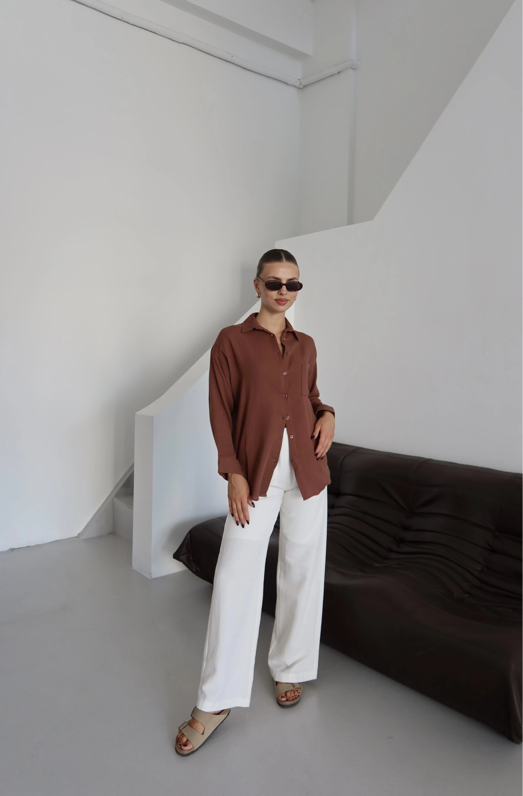 Tek cepli müslin gömlek kahve pt