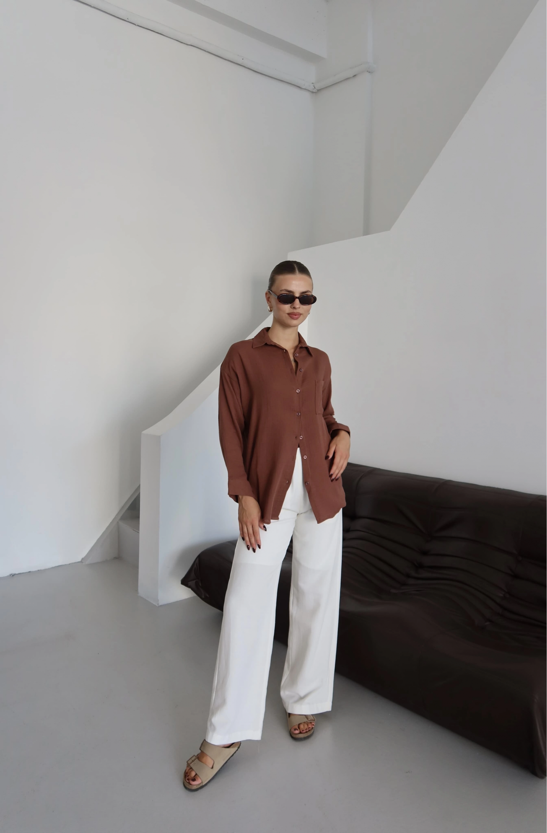 Tek cepli müslin gömlek kahve pt