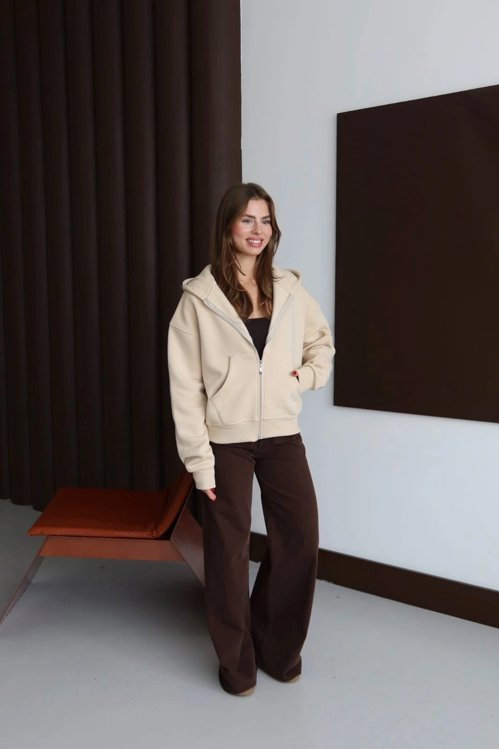 3 iplik şardonlu kapşonlu hoodie frm bej p510437