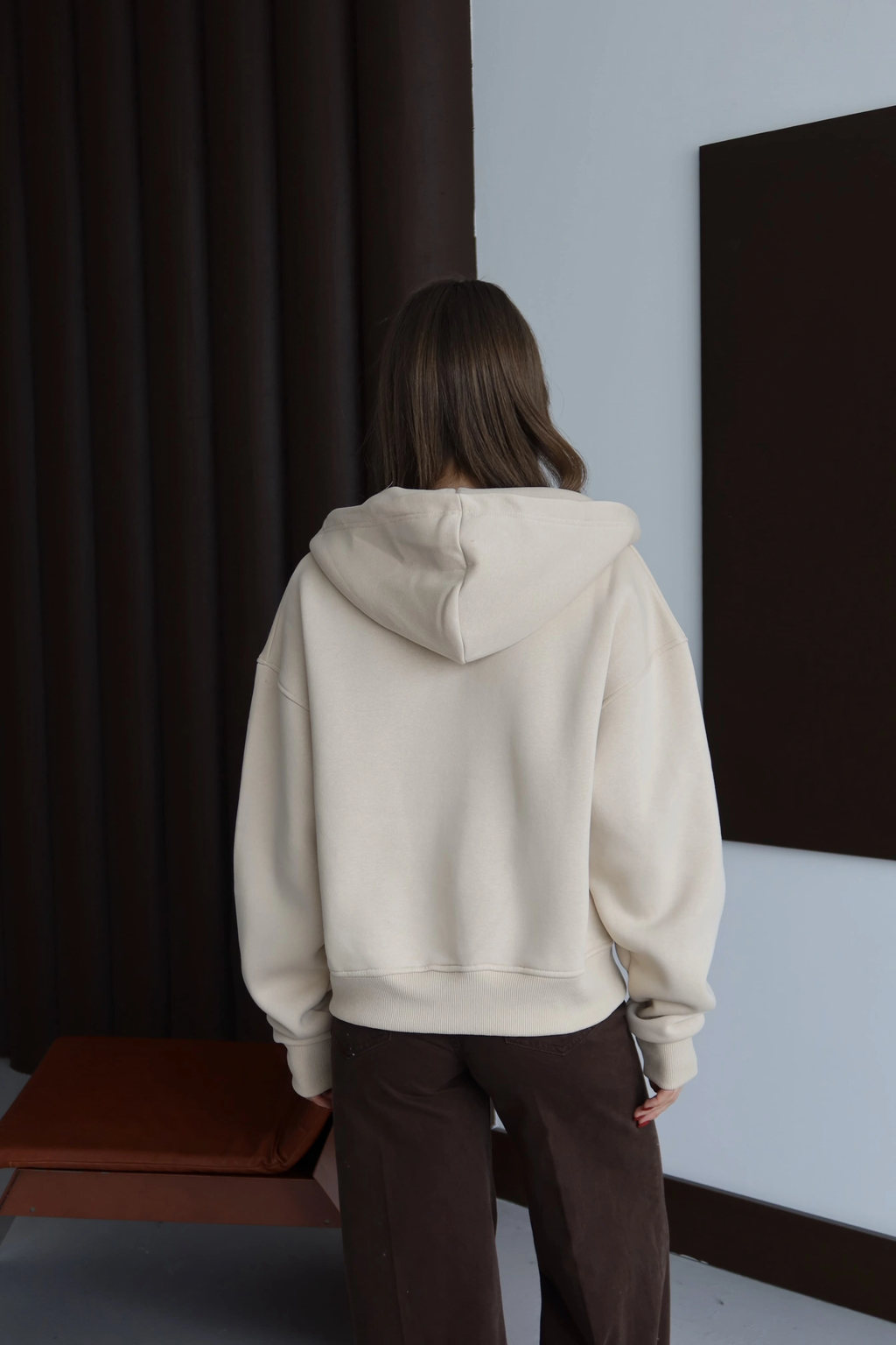 3 iplik şardonlu kapşonlu hoodie frm bej p510437