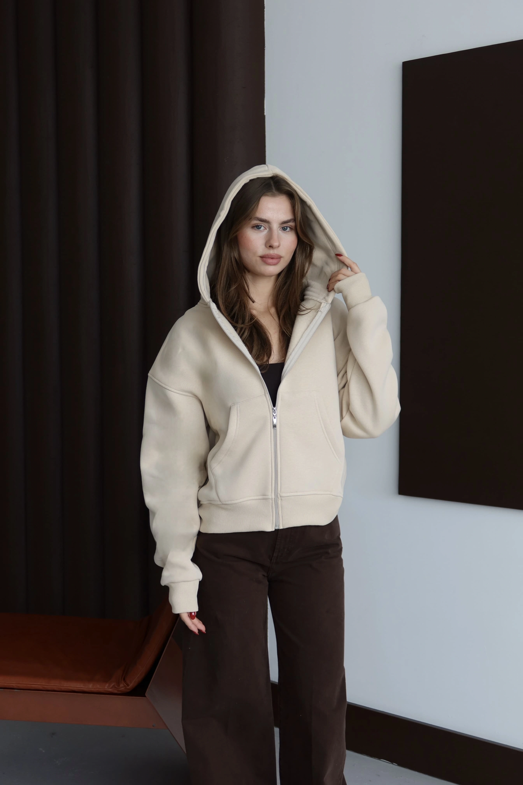 3 iplik şardonlu kapşonlu hoodie frm bej p510437