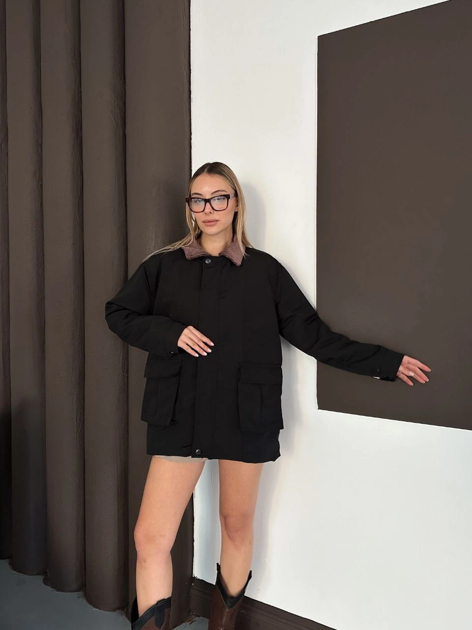 Astarlı yaka detaylı artos ceket siyah st2651019