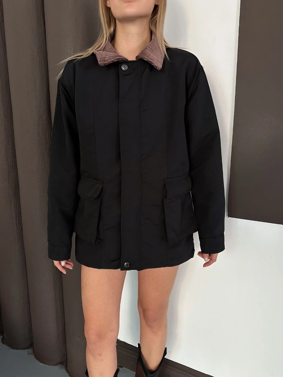 Astarlı yaka detaylı artos ceket siyah st2651019