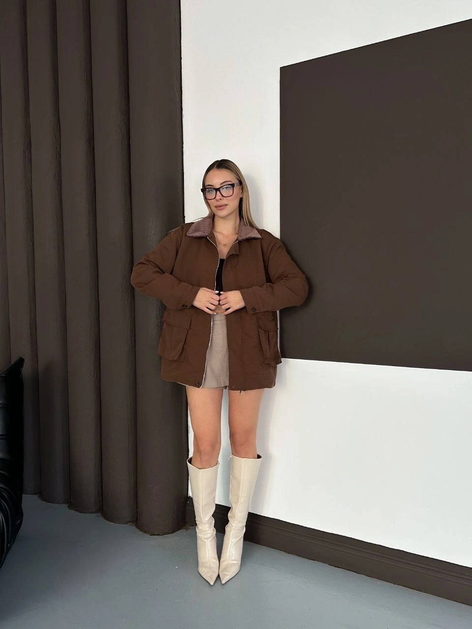 Astarlı yaka detaylı artos ceket kahve st2651019