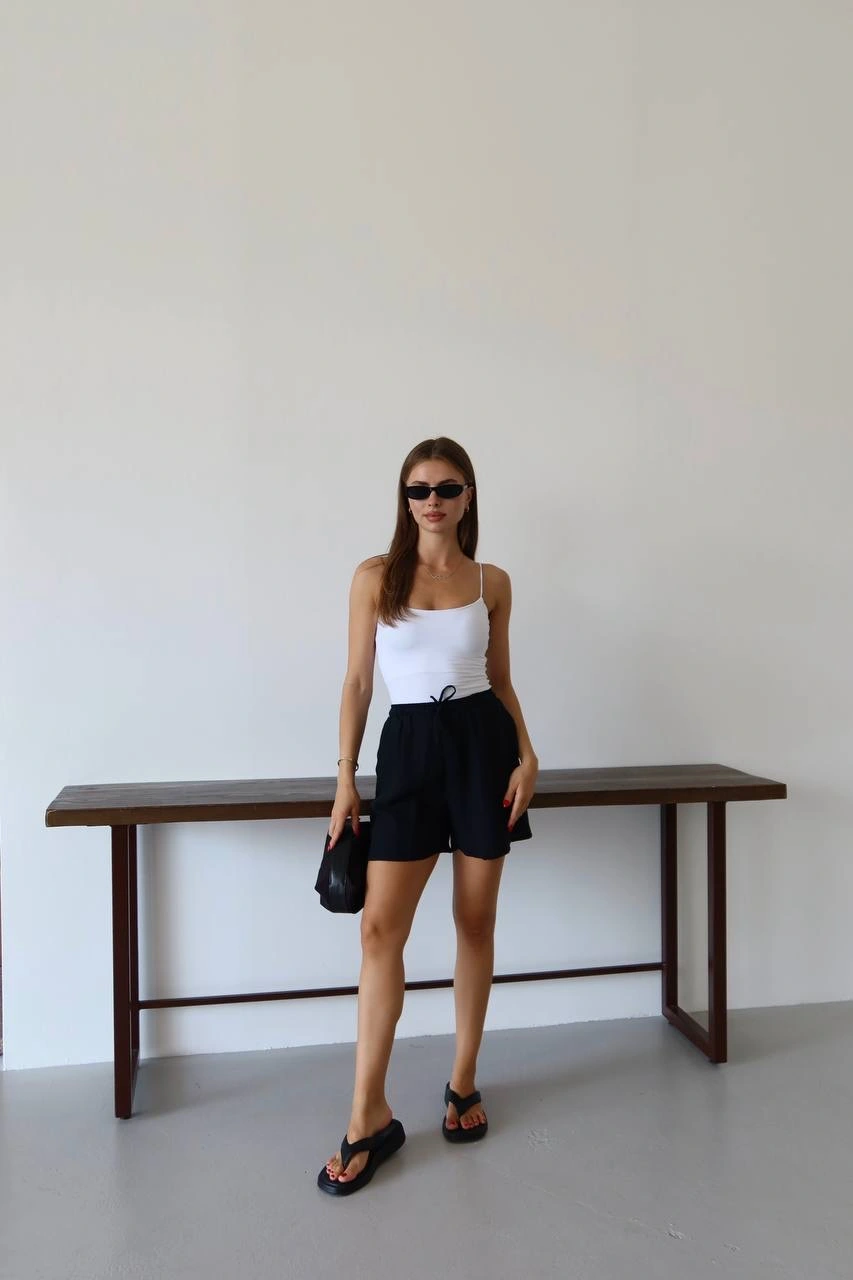 Müslin kumaş şort bağcıklı siyah pt