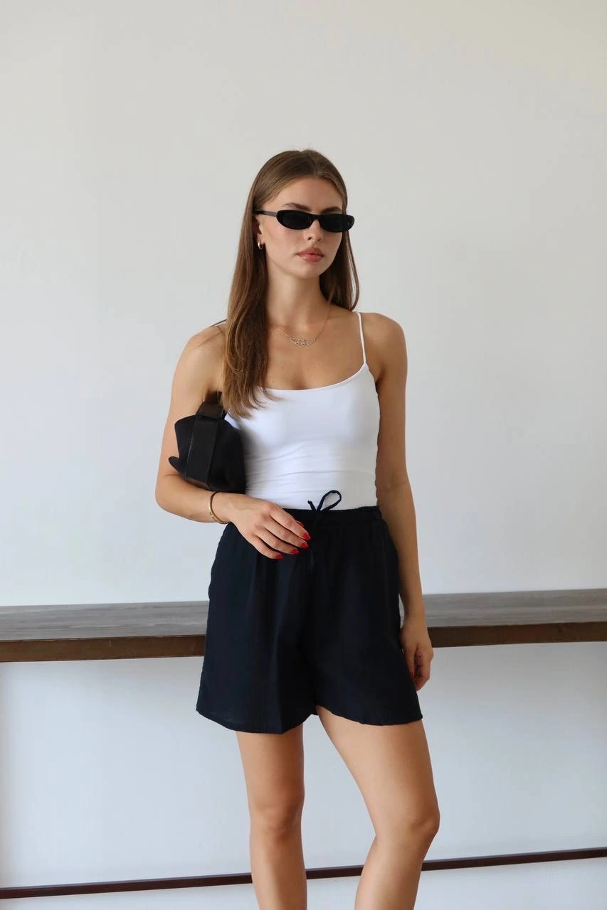 Müslin kumaş şort bağcıklı siyah pt