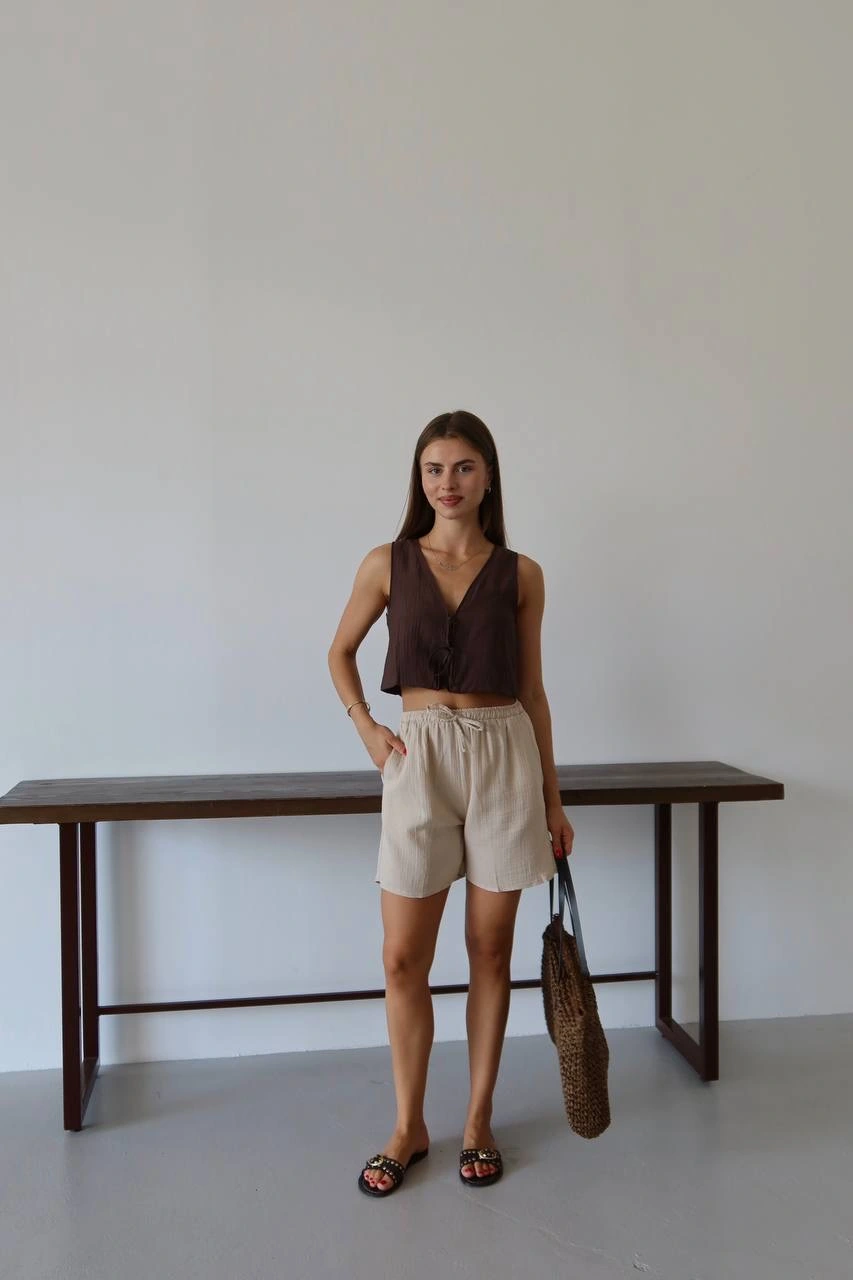 Müslin kumaş şort bağcıklı bej pt