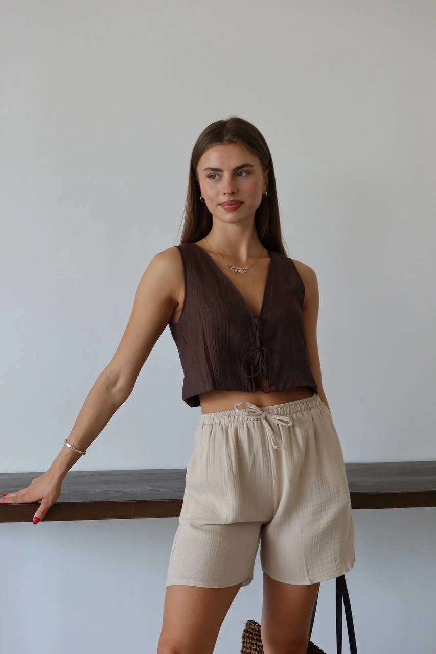 Müslin kumaş şort bağcıklı bej pt