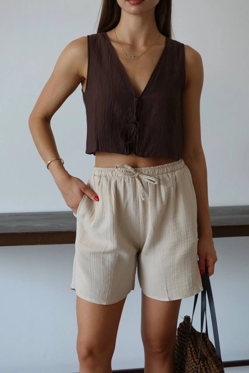 Müslin kumaş şort bağcıklı bej pt