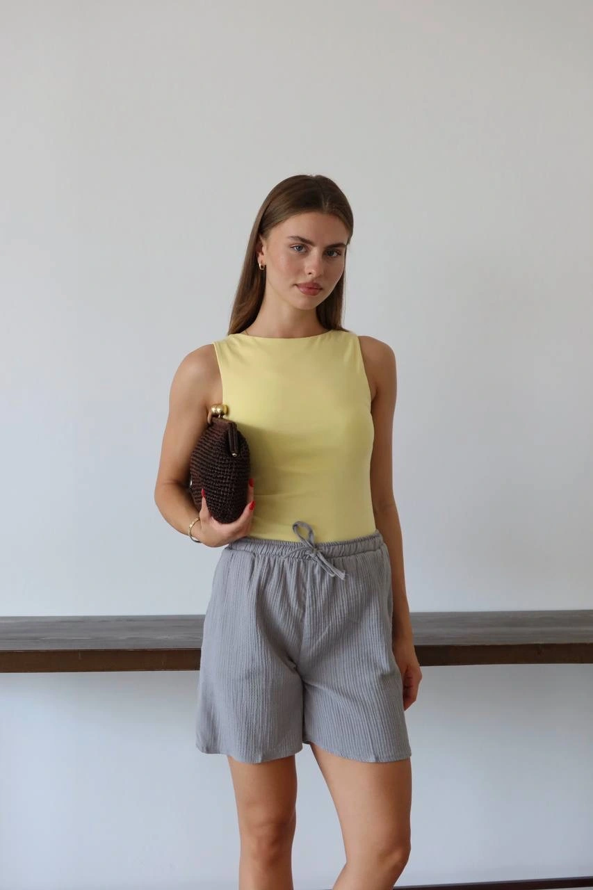 Müslin kumaş şort bağcıklı gri pt