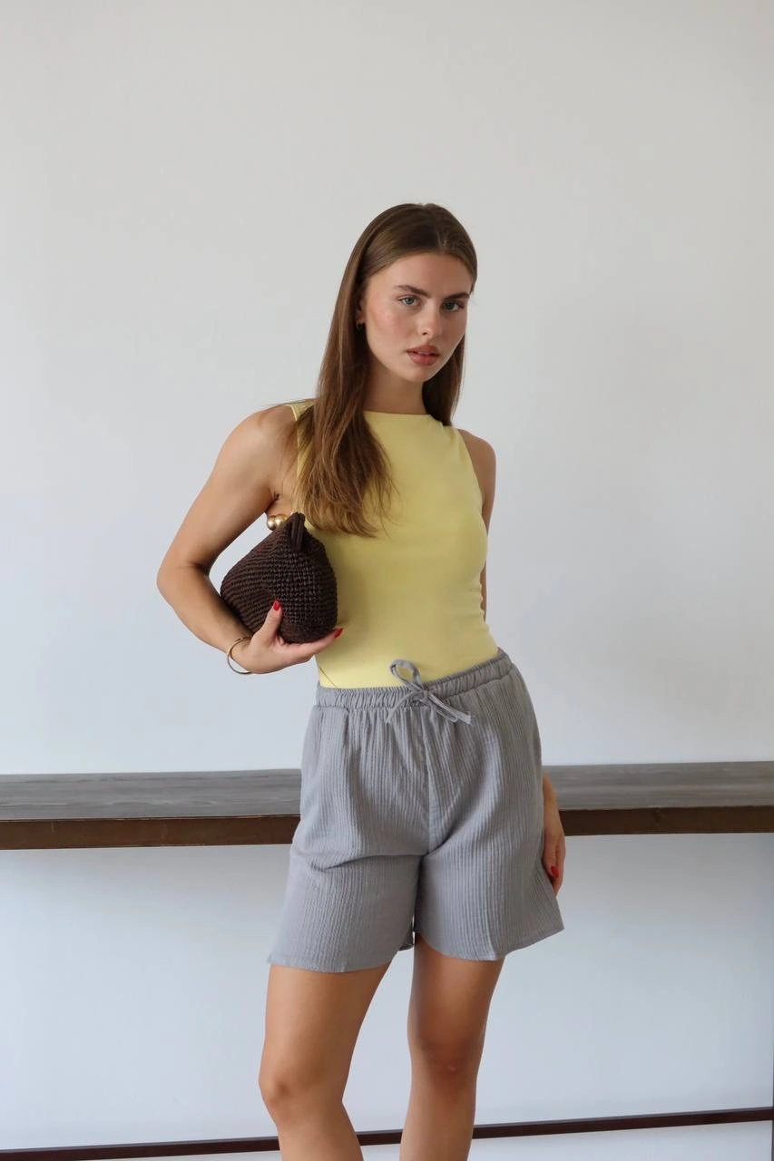 Müslin kumaş şort bağcıklı gri pt