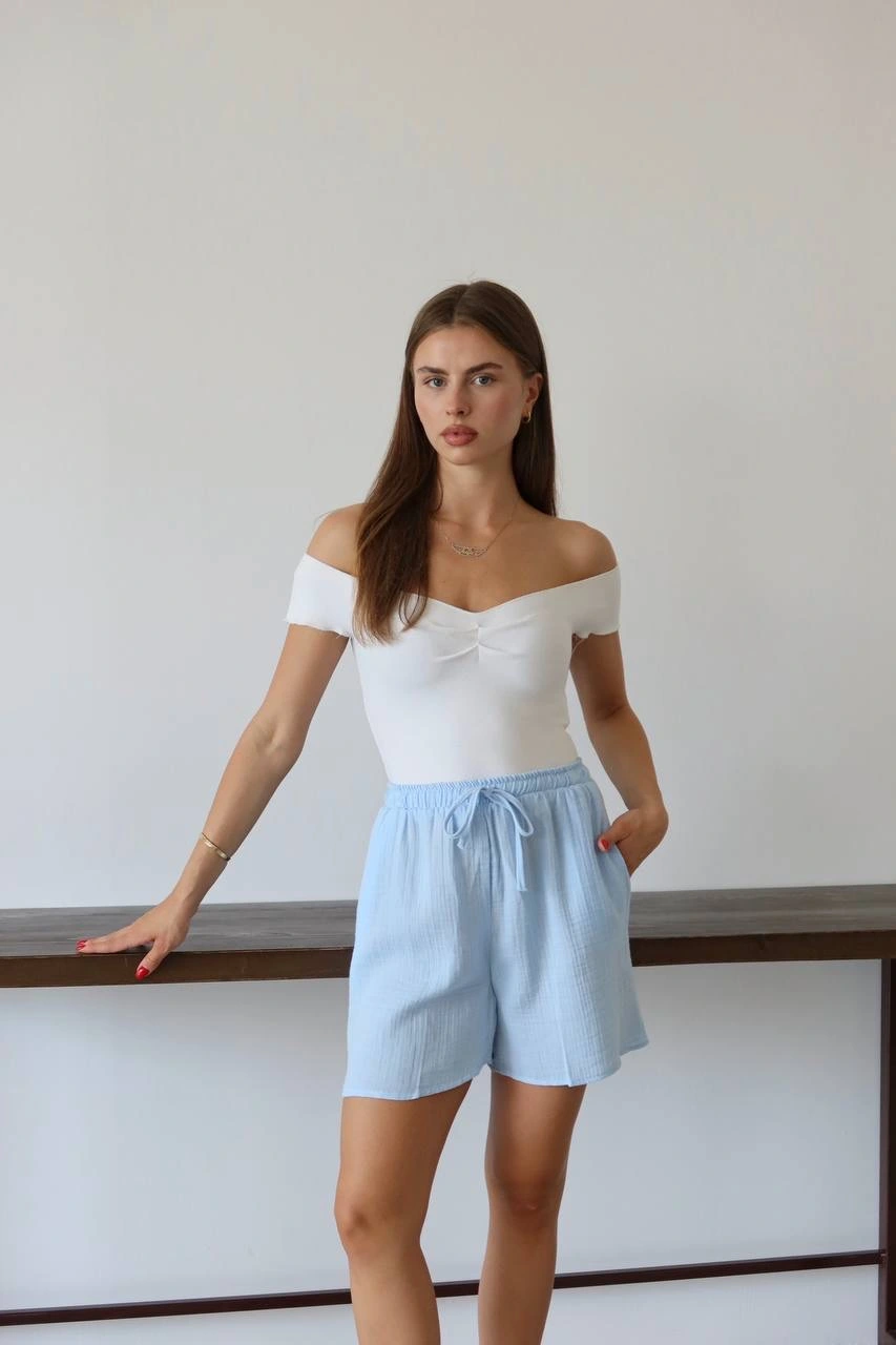Müslin kumaş şort bağcıklı mavi pt