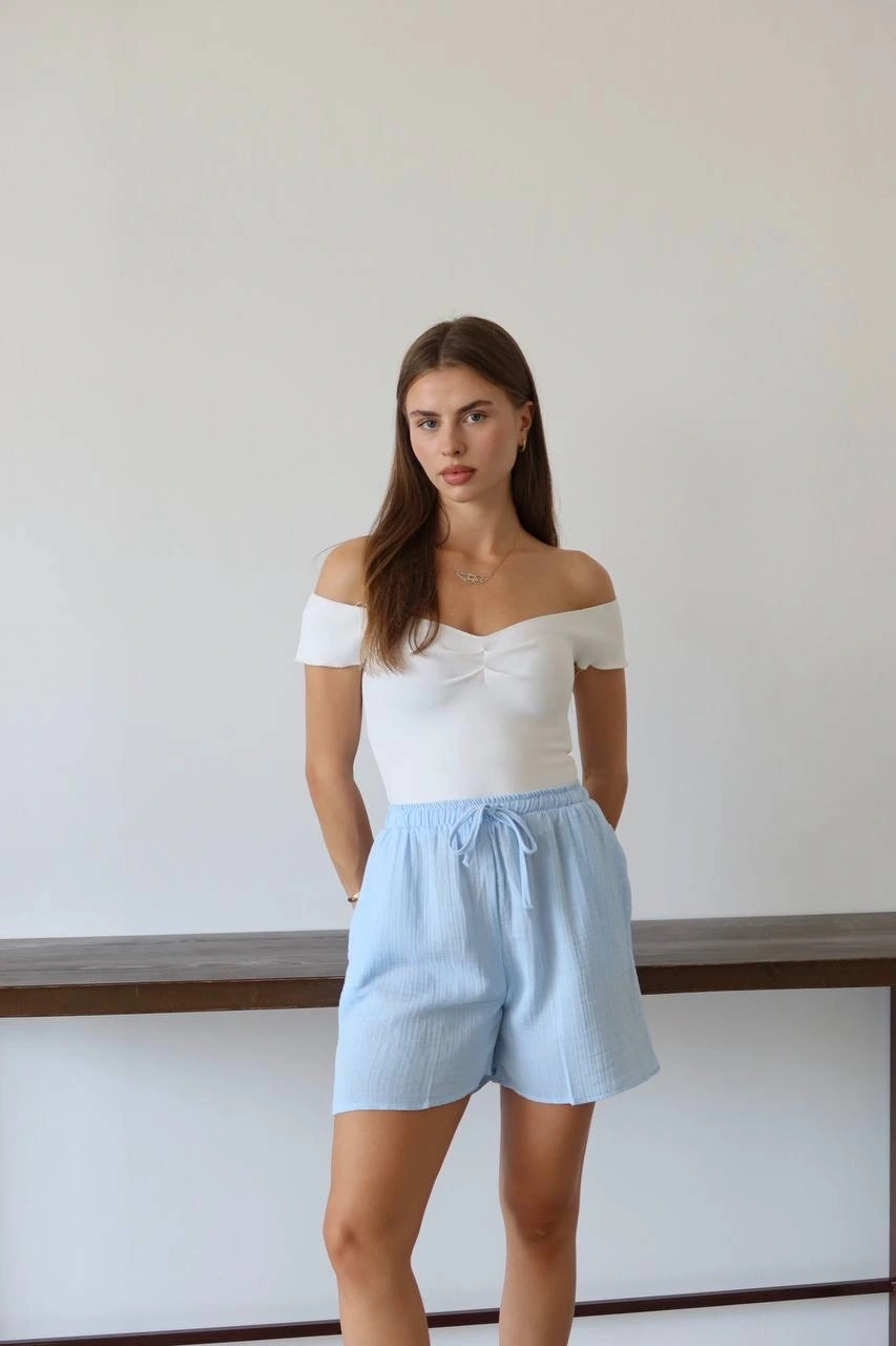 Müslin kumaş şort bağcıklı mavi pt
