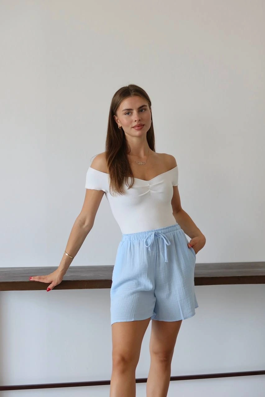 Müslin kumaş şort bağcıklı mavi pt