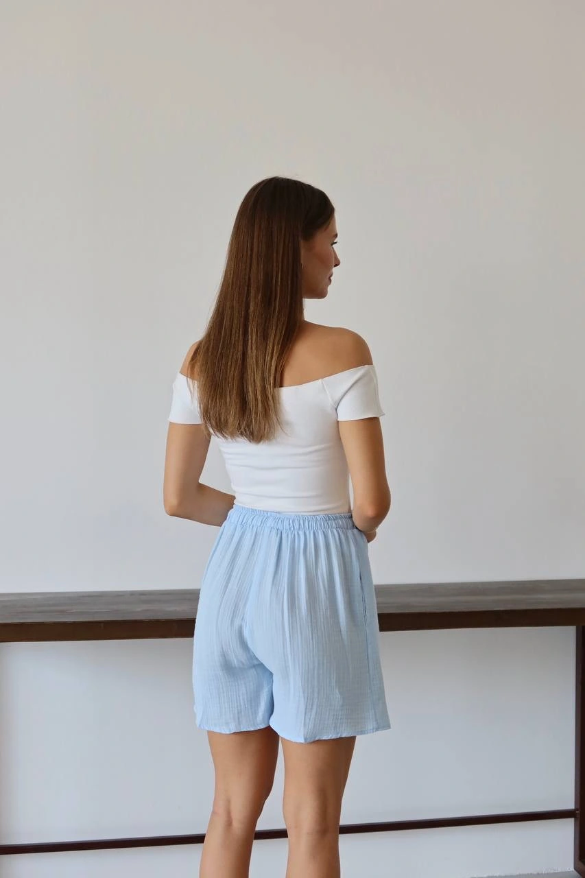 Müslin kumaş şort bağcıklı mavi pt