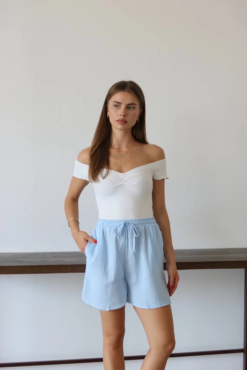 Müslin kumaş şort bağcıklı mavi pt
