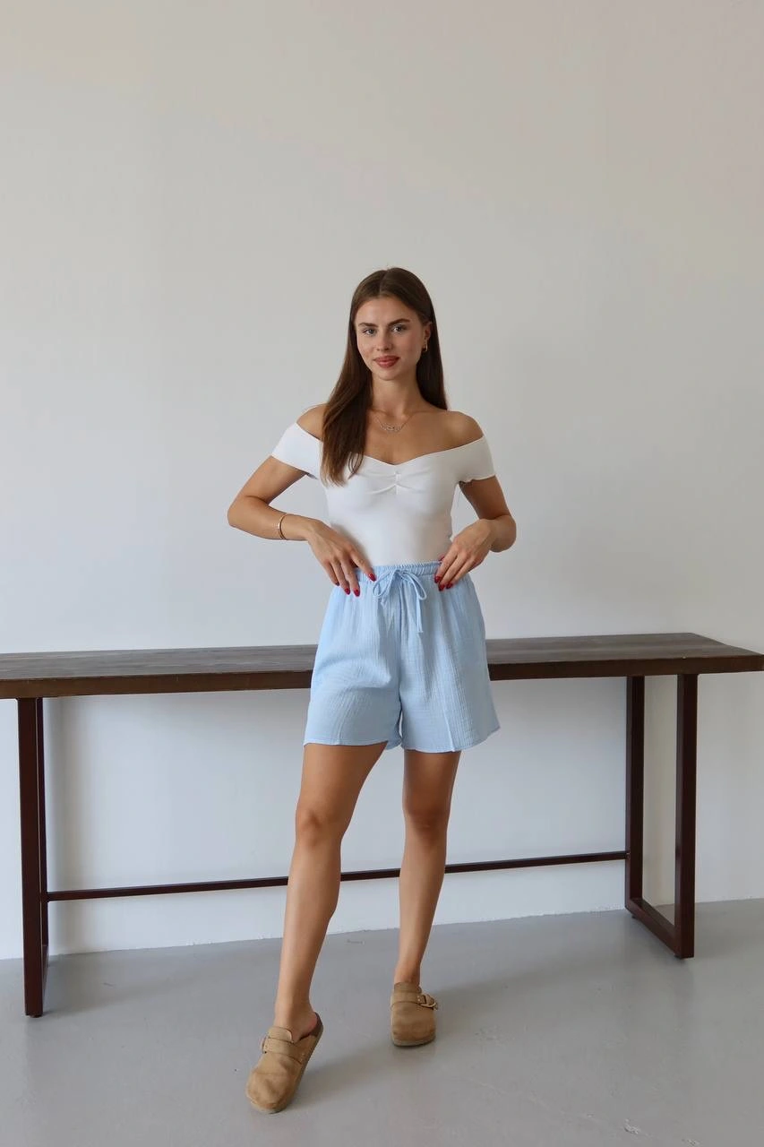 Müslin kumaş şort bağcıklı mavi pt