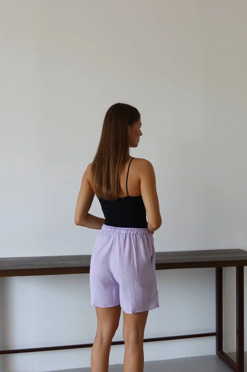 Müslin kumaş şort bağcıklı lila pt