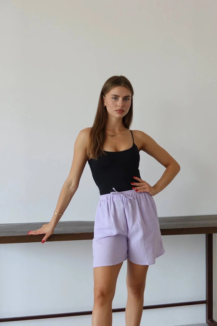 Müslin kumaş şort bağcıklı lila pt