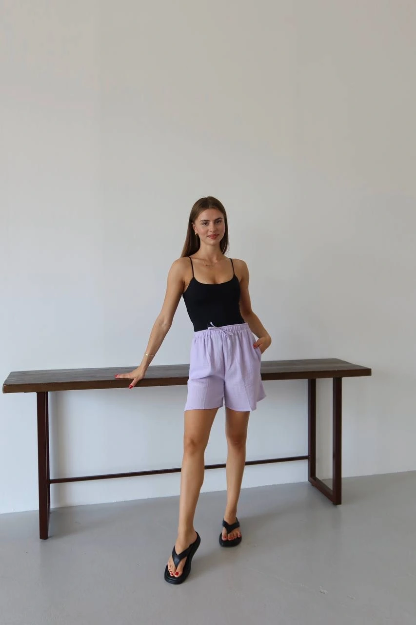 Müslin kumaş şort bağcıklı lila pt