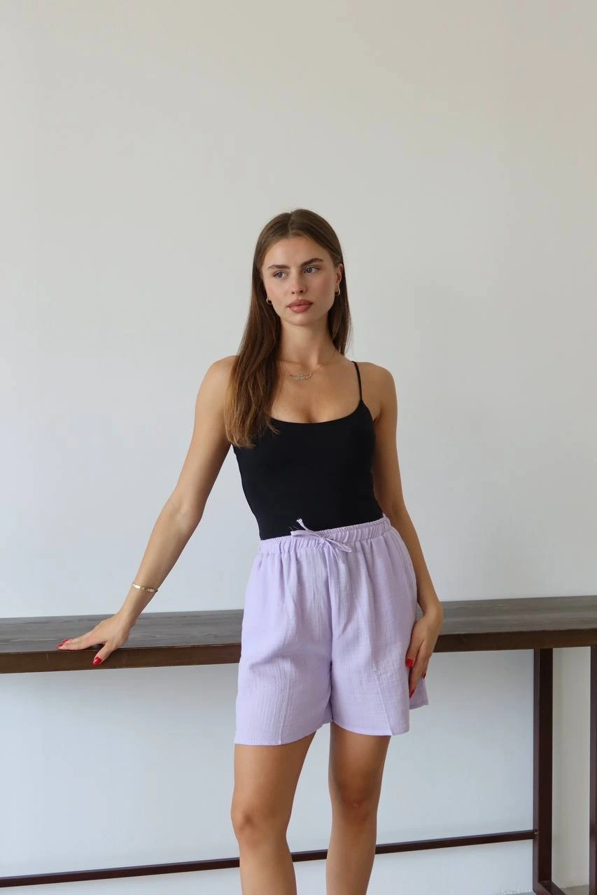 Müslin kumaş şort bağcıklı lila pt