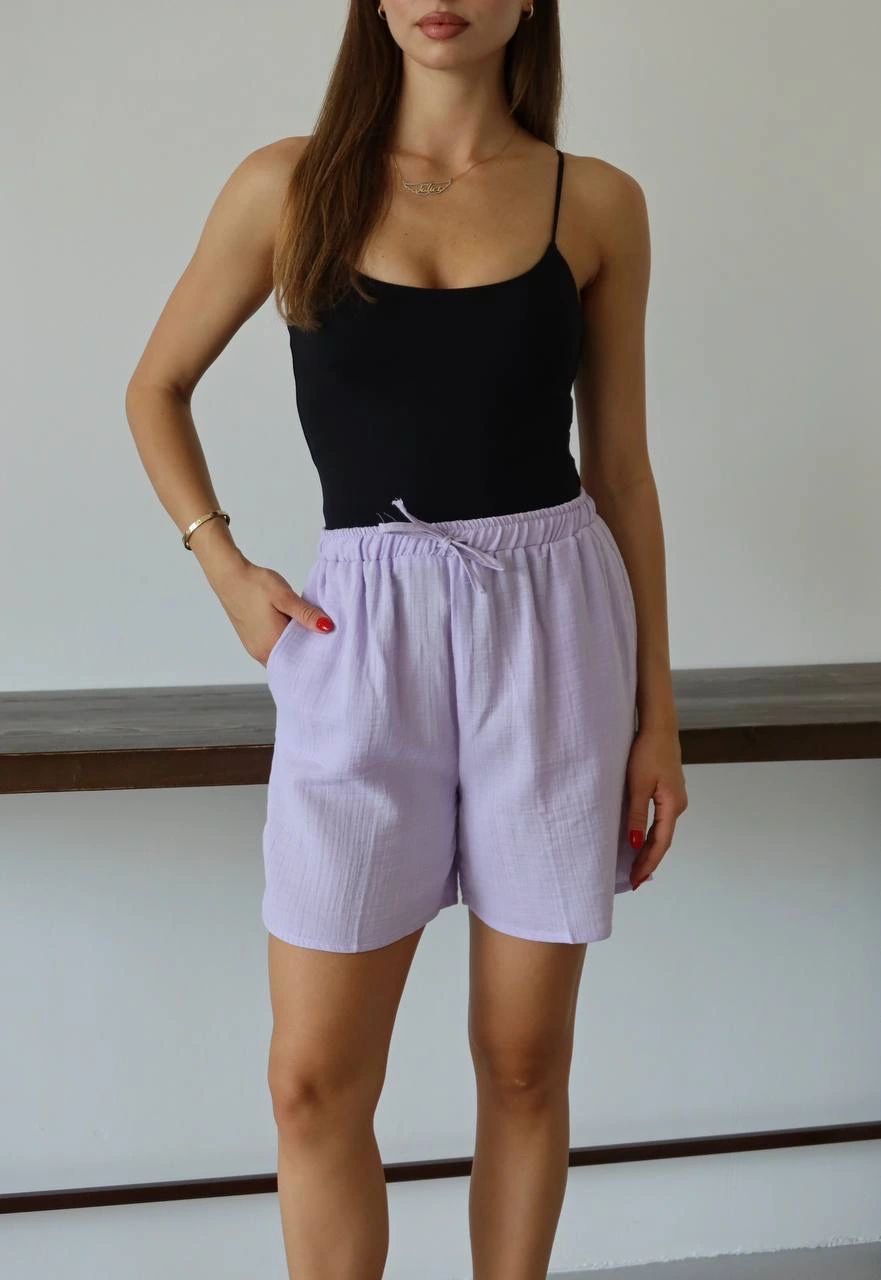 Müslin kumaş şort bağcıklı lila pt