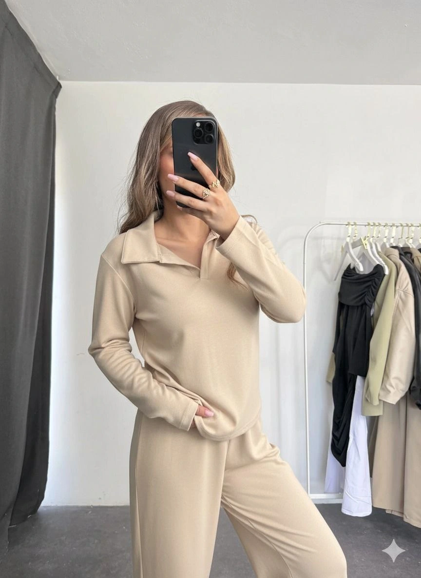 Polo yaka alt üst kollu modal takım bej pt
