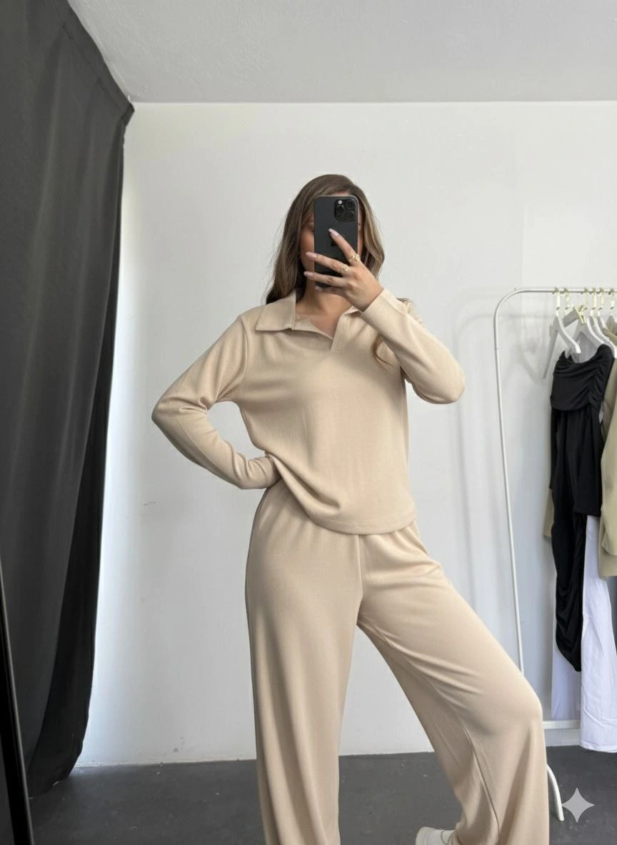 Polo yaka alt üst kollu modal takım bej pt