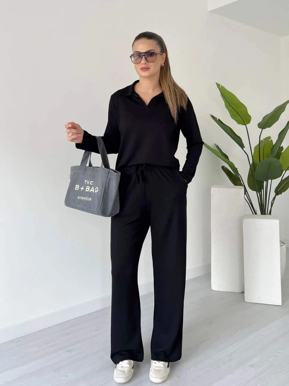 Polo yaka alt üst kollu modal takım siyah pt