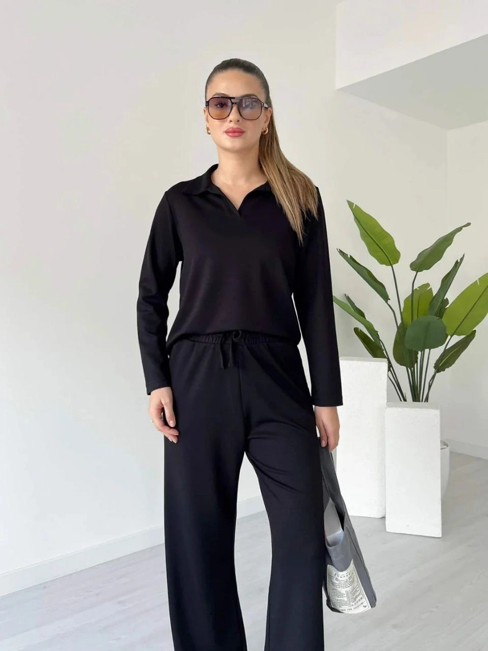 Polo yaka alt üst kollu modal takım siyah pt