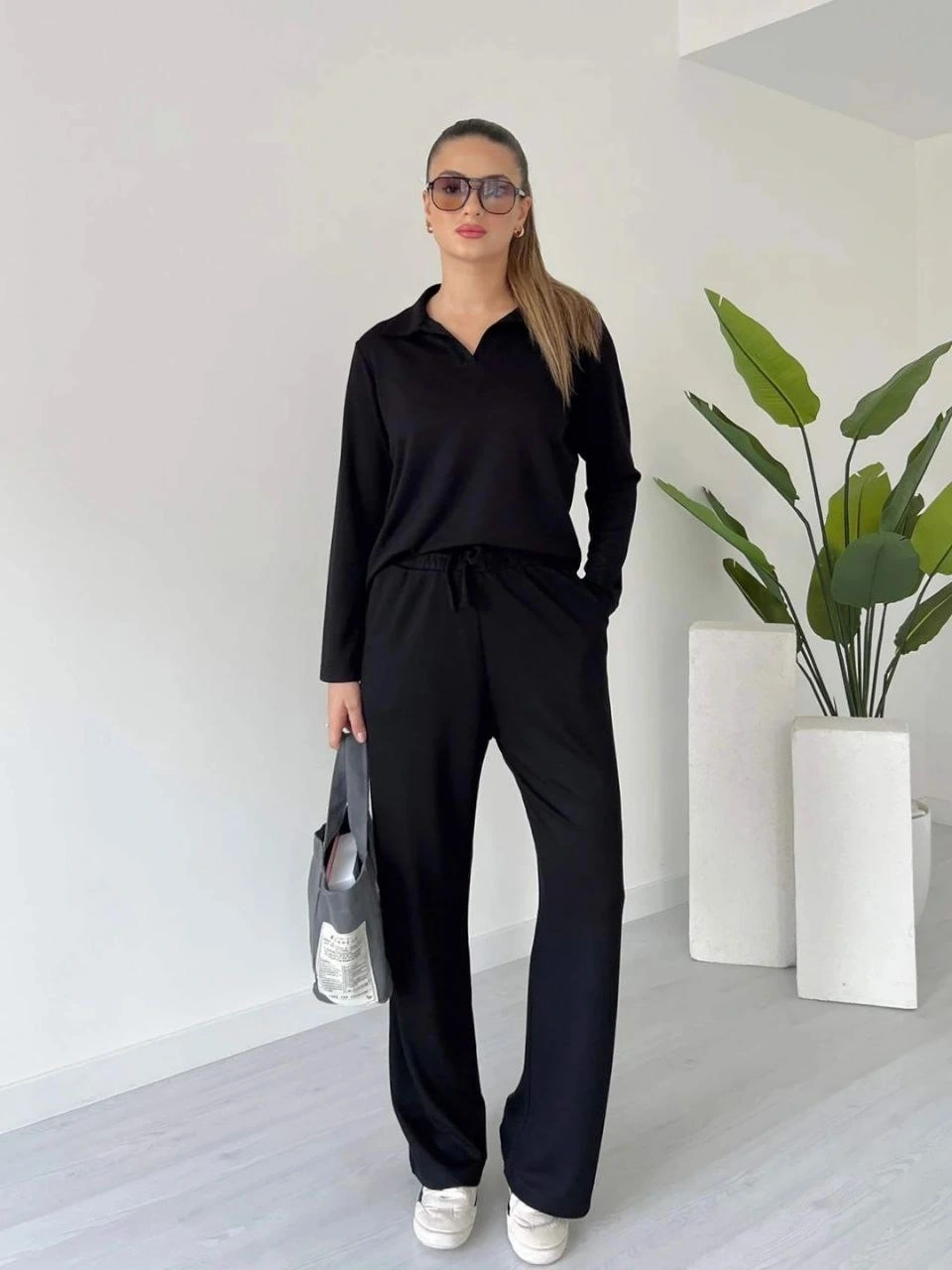 Polo yaka alt üst kollu modal takım siyah pt
