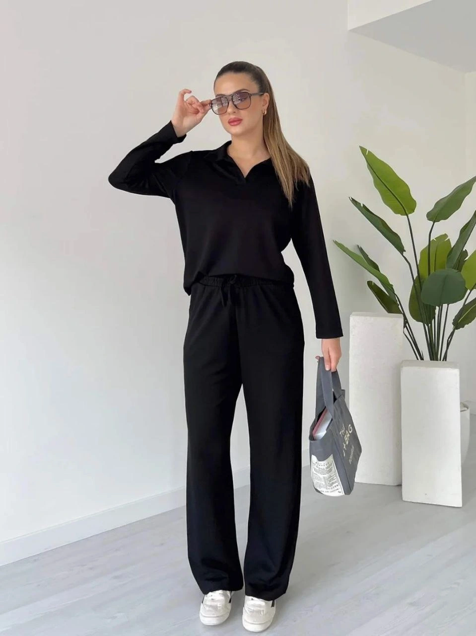 Polo yaka alt üst kollu modal takım siyah pt