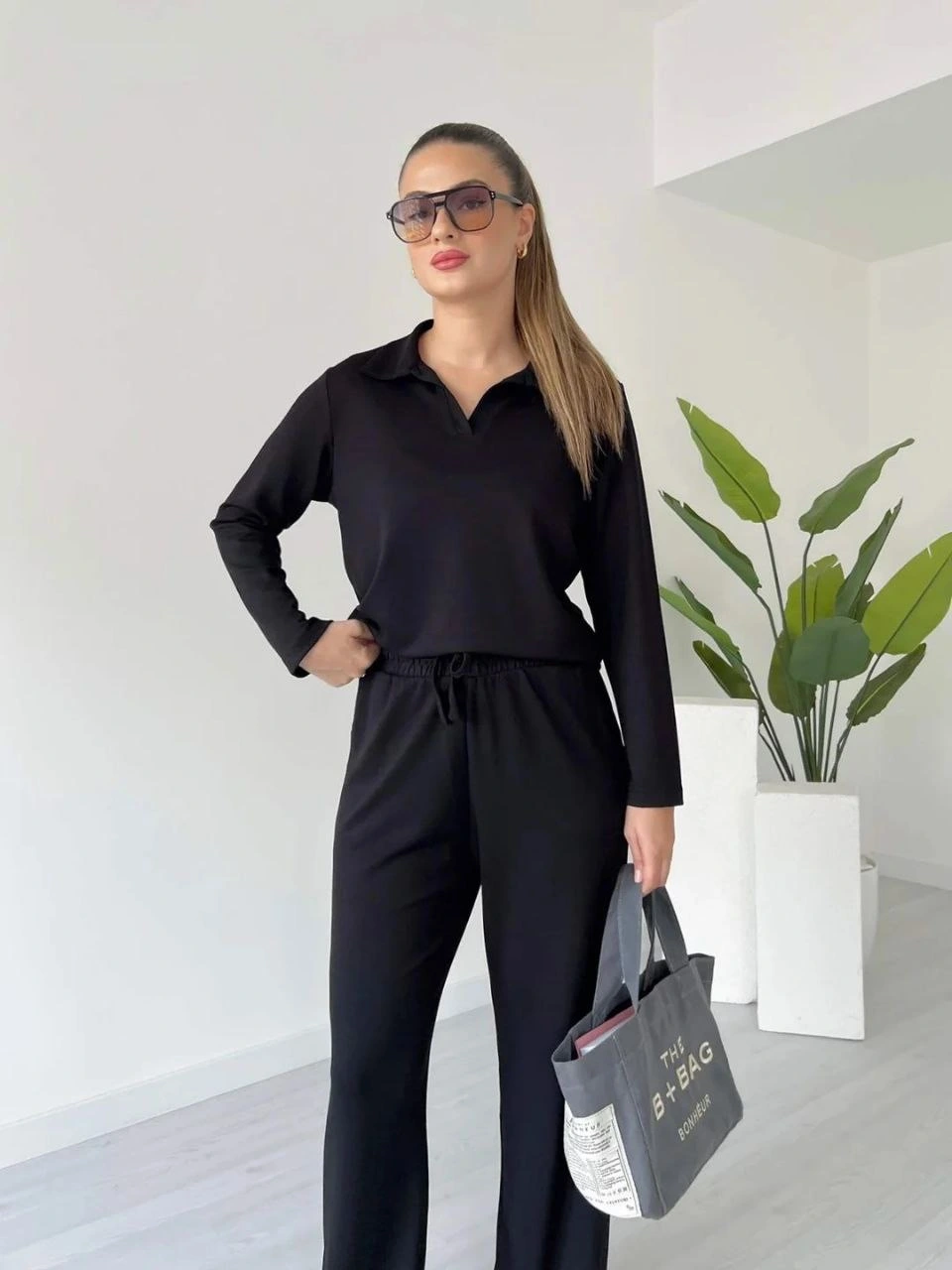 Polo yaka alt üst kollu modal takım siyah pt