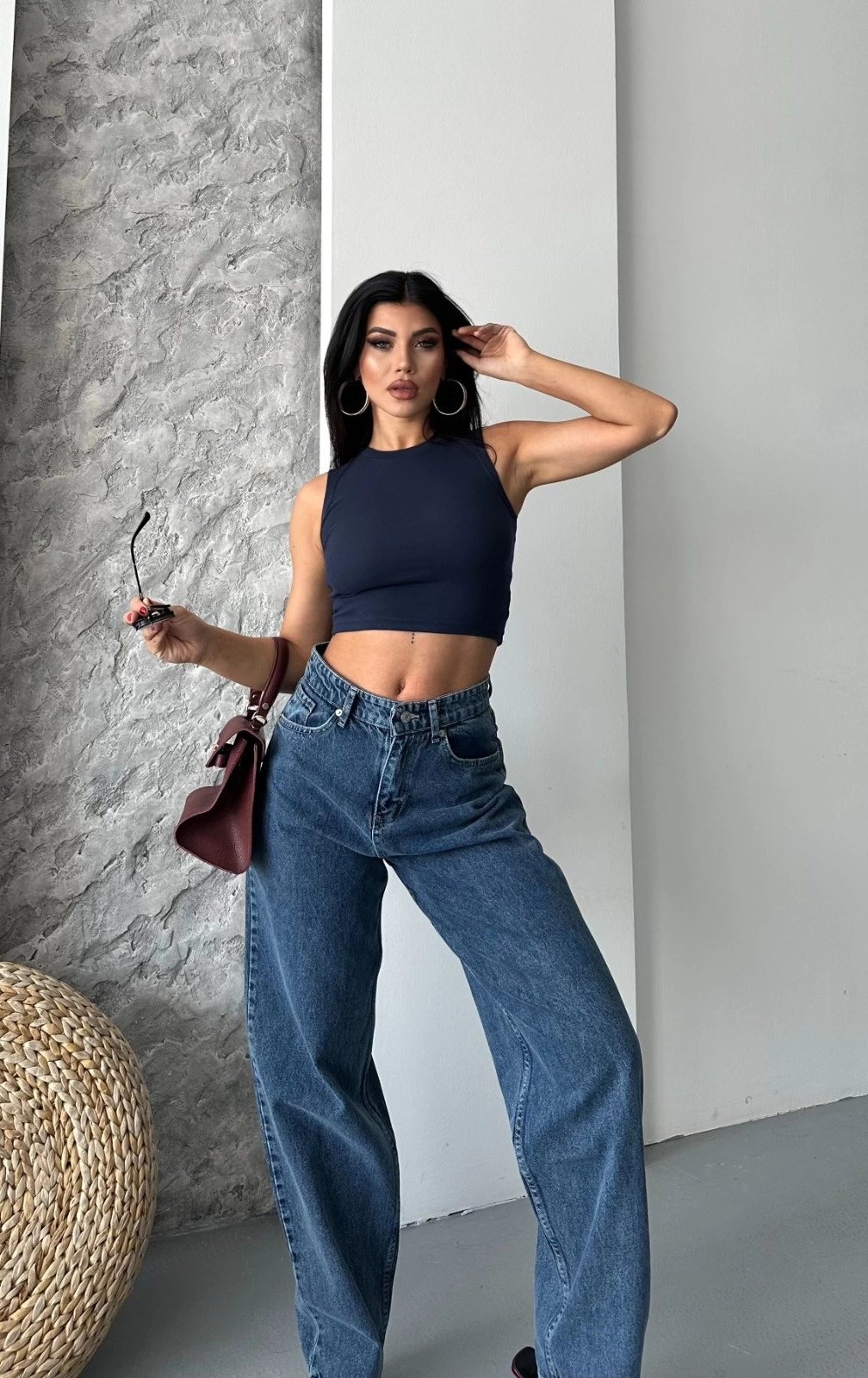 Baggy kar yıkama jeans pantolon koyu mavi d2007