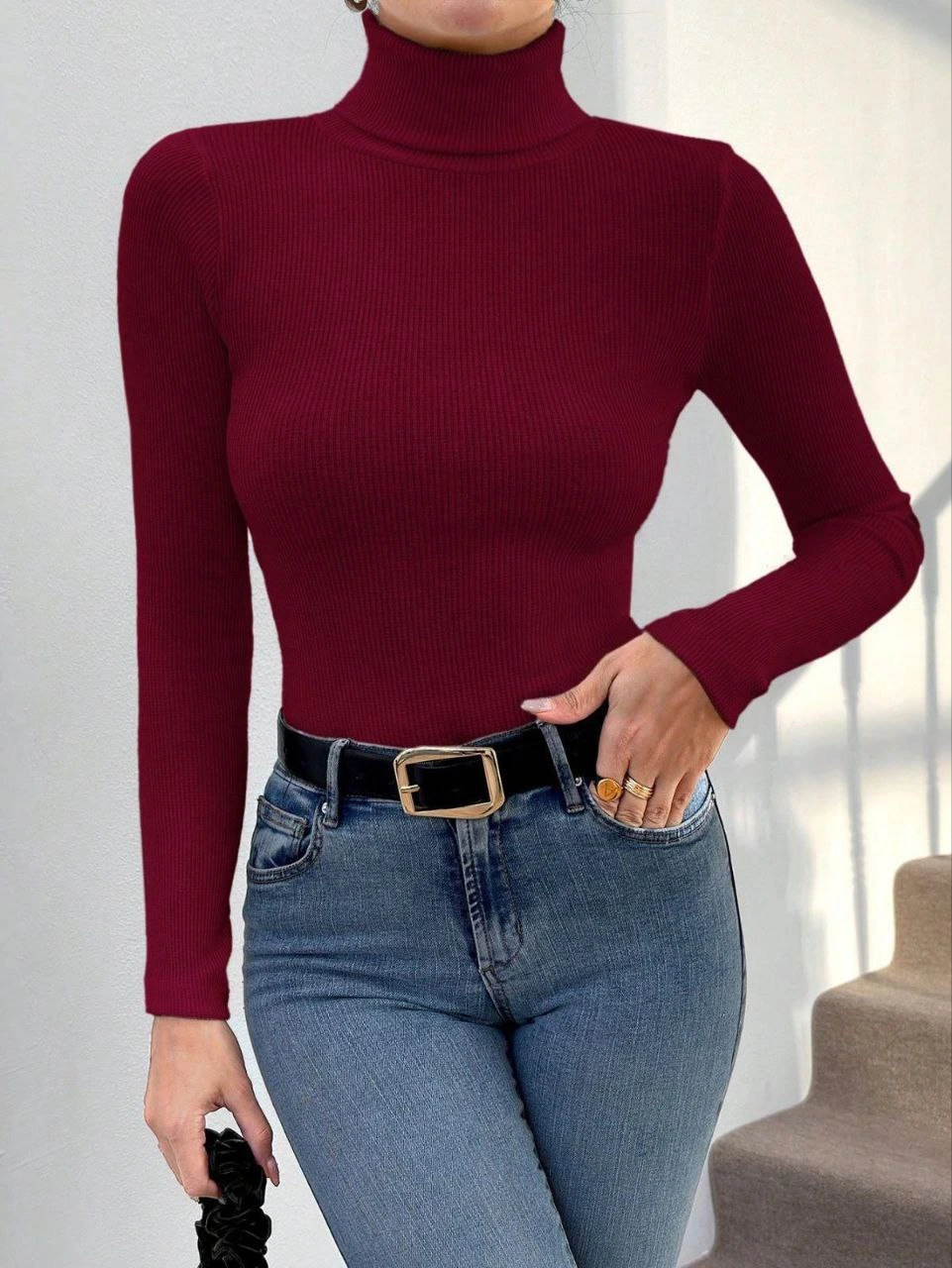 Balıkçı yaka dar kesim kaşkorse kazak bordo w3103