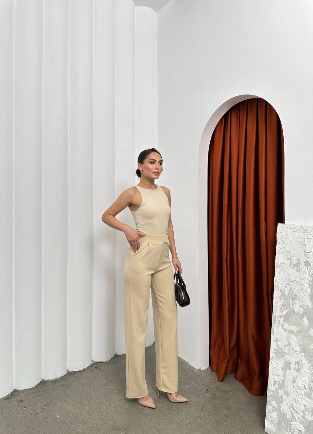 Cırtlı pantolon krep bej pt