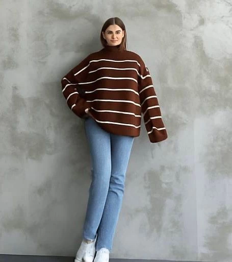 Çizgili ispanyol kol triko boğazlı kahve beyaz elf