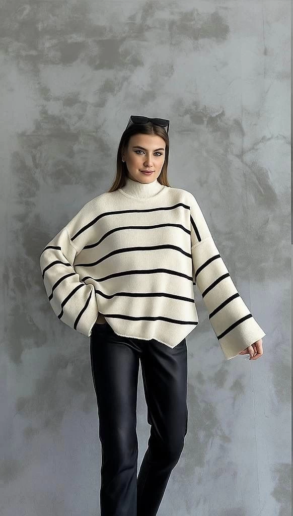 Çizgili ispanyol kol triko boğazlı kazak beyaz elf