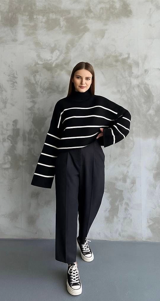 Çizgili ispanyol kol triko boğazlı kazak siyah elf