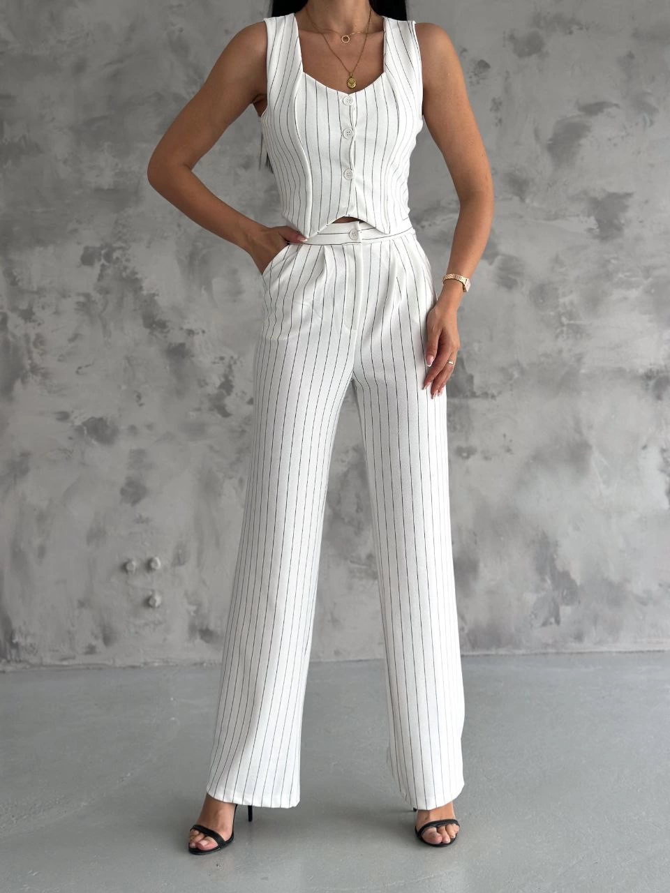 Çizgili palazzo pantolonlu yelek takım s3395