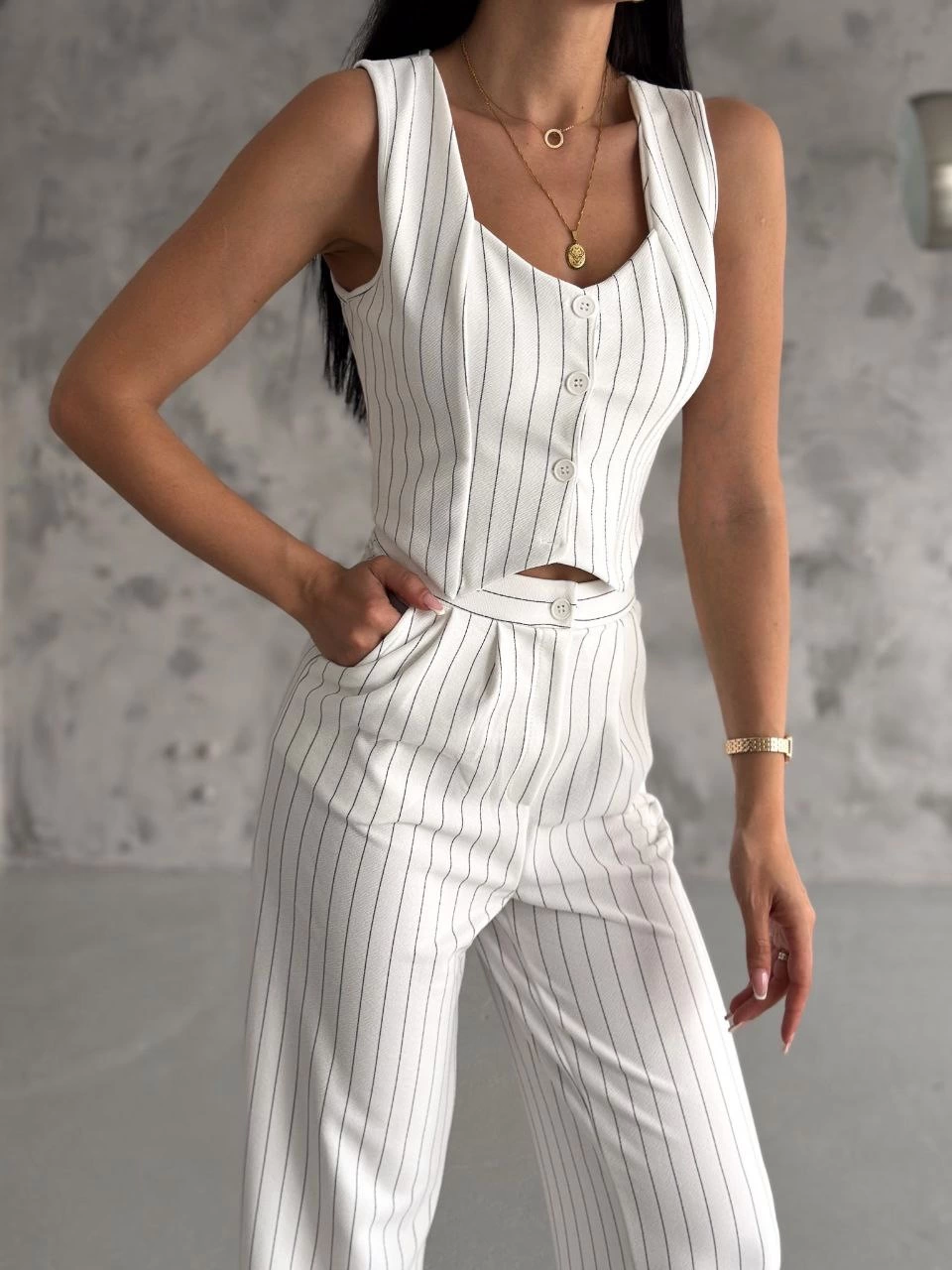 Çizgili palazzo pantolonlu yelek takım s3395